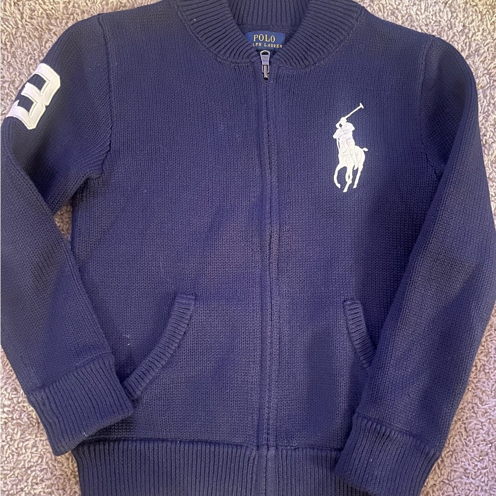 Polo by Ralph Lauren Boy’s Navy Full Zip Sweater with Large Pony Logo, Size 7